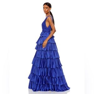 Mac Duggal Ruffle Tiered Pleated Sleeveless V Neck Gown Cobalt Blue- NWT